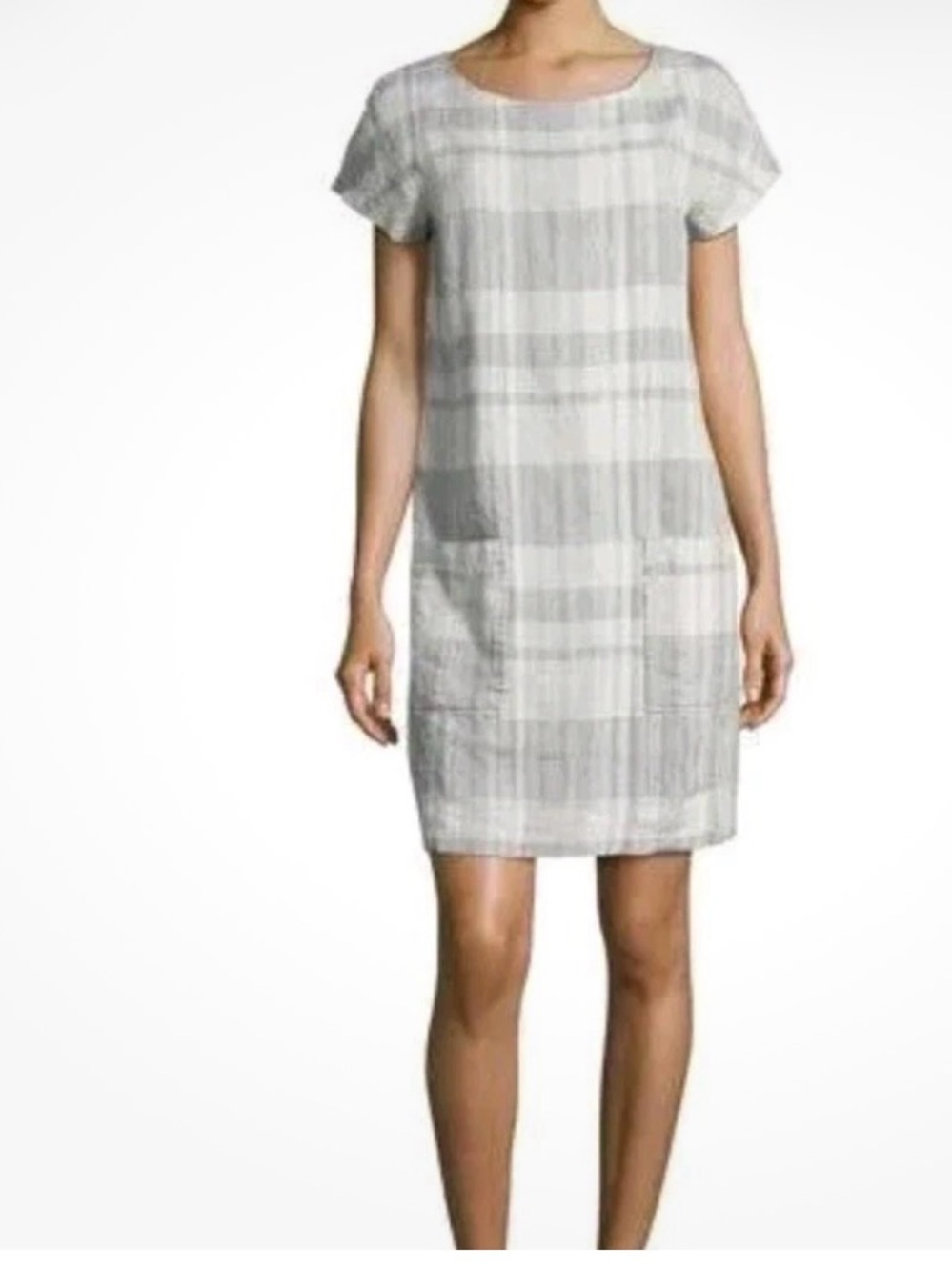 Eileen Fisher Shift Dress Size 3X Organic Linen Cotton Plaid V-Back Pockets Gray